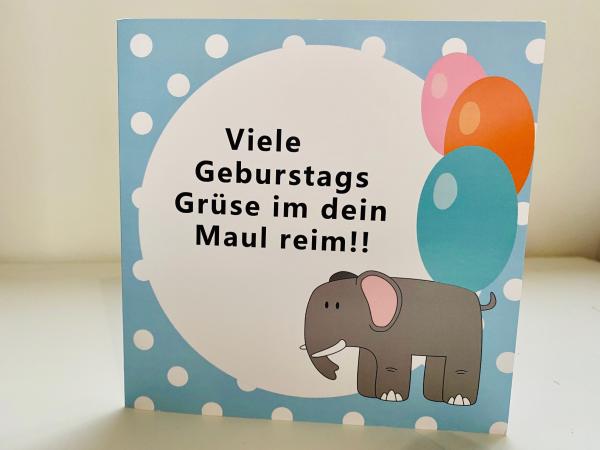 Grußkarte "Geburtstag - Maul rein"  gefalzt auf Quadrat 14,8 cm x 14,8 cm